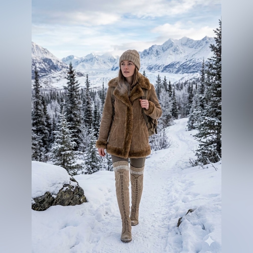 Vintage 90s Y2K Xhilaration Penny Lane Hooded Coat Women Sz S Tan Suede Faux Fur